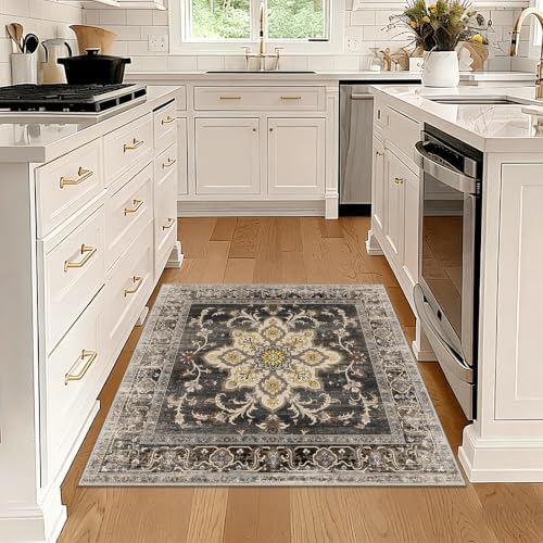 Washable 3x3 Square Rug for Entry Bathroom Kitchen Bedroom Black/Gold - Image 2