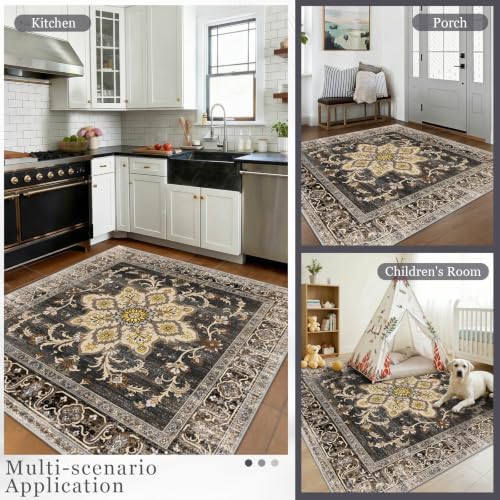 Washable 6x6 Rug Non Slip Soft Stain Resistant 6 ft Carpet BlackGold - Image 4
