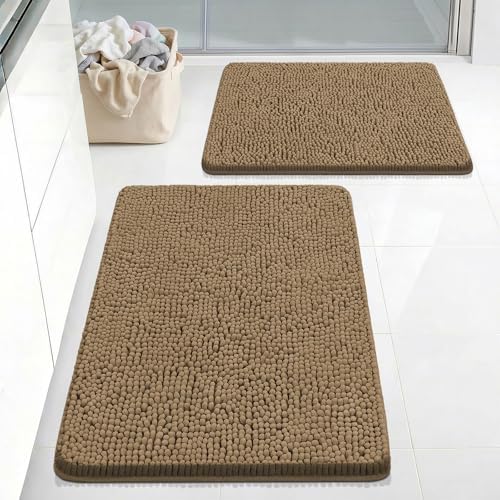 Bcoimo Bath Rug Mat Sets, 2 Piece Extra Soft Chenille Tan Bathroom Mat Set by Bcoimo