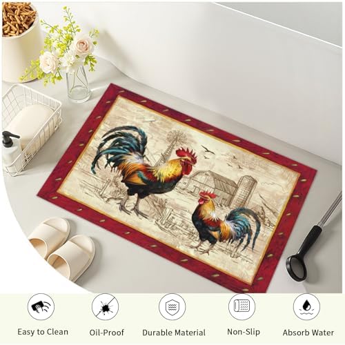 Giwawa Farm Rooster Bath Rug Red Rustic Chicken Bathroom Mat Absorbent Bath - Image 4