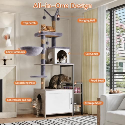 HavenlyYouth Cat Tree with Food Station and Litter Box Enclosure, Plush Hammock - Image 2