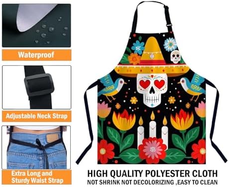 Day of the Dead Kitchen Apron for Women Men, Unisex Adjustable Cooking Apron - Image 3