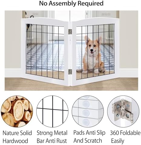 LZRS 2-Panel Freestanding Foldable Wood Dog Gate – Solid Wood & Steel Wire - Image 3