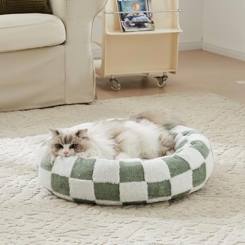 Ohocut Checkered Cat Dog Bed, Cute Sage Green Retro Style Aesthetic Round by Ohocut