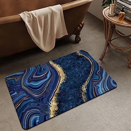 Bath Mat Rug, Dark Blue Gold Marble Non Slip Quick Dry Super Absorbent Thin - Image 3