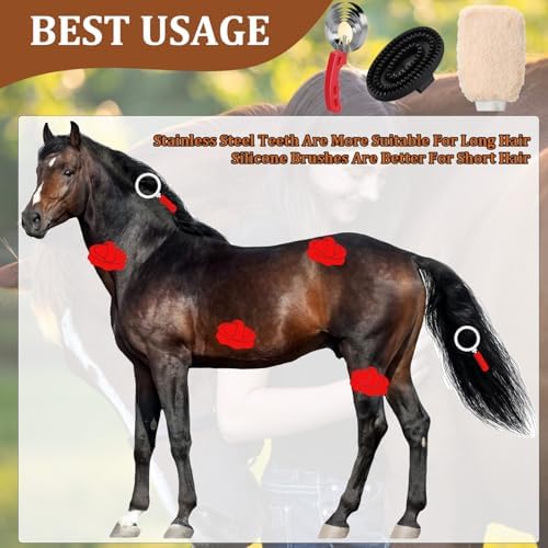 Curry Comb Kit, 6 Ring Curry Comb & Rubber Brush & Horse Grooming Mitts - Image 3