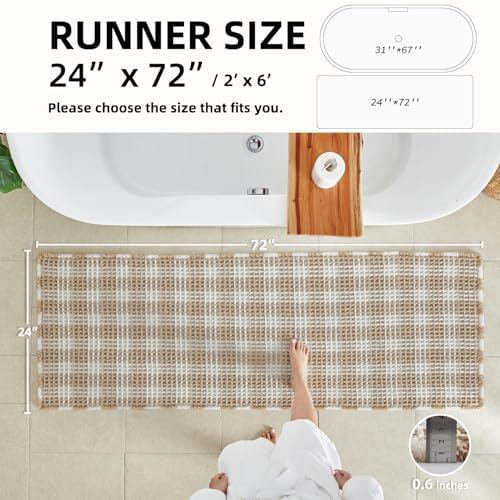 TYUU Waffle Runner Rug Bathroom, Long Boho Bath Mat, 72x24 Khaki & White - Image 2