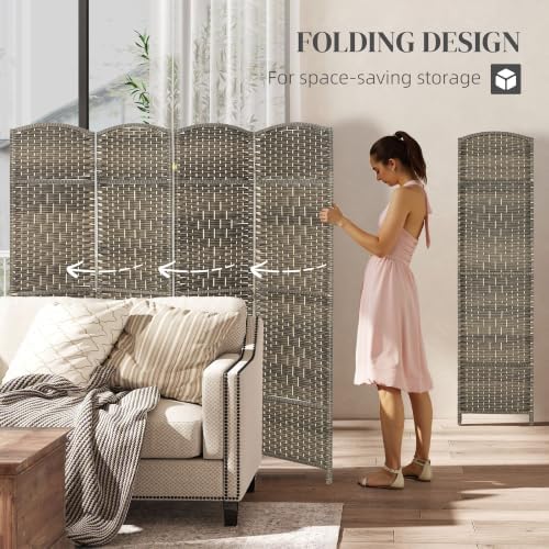 HOMCOM 4 Panel Room Divider 6 Ft Privacy Screen Hand-Woven Dark Rustic Oak - Image 3