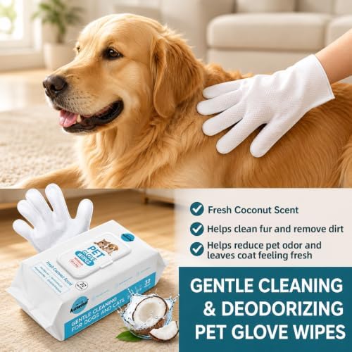 Pet Glove Wipes for Dogs & Cats, Thick Moisturizing Fur Care, Picks Up Loose Fur - Image 3