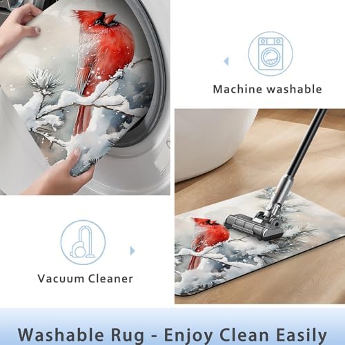 Cardinal Bird Bathroom Rug 29.5"x17", Winter Flowers Quick-Drying Super - Image 5