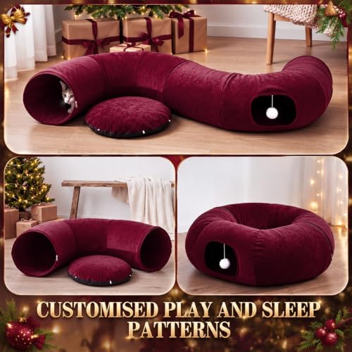 Christmas Tree Cat Tunnel 36 in Donut Bed, Burgundy, Velvet, Fluffy - Image 3