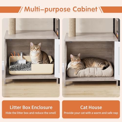 HavenlyYouth Cat Tree with Food Station and Litter Box Enclosure, Plush Hammock - Image 5