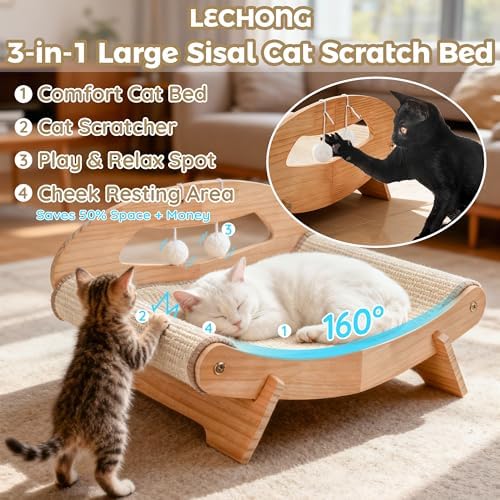 LECHONG 3-in-1 Large Sisal Cat Scratch Bed, Thicker Natural Sisal 22” Elevated - Image 2