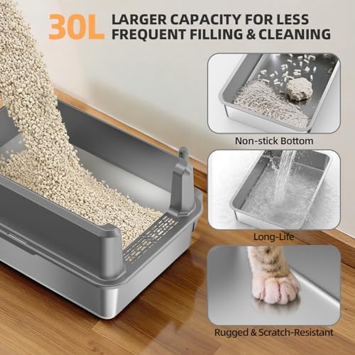 Stainless Steel Cat Litter Box, XXL High Sided Open Top Litter Pan, 1 Scoop - Image 5
