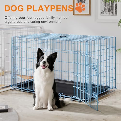 FDW | 42" Foldable Metal Dog Crate | Blue | Cage - Image 2