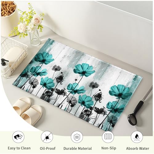 Teal Floral Bath Rug Turquoise Flower Bath Carpet Soft Plush Absorbent Doormat - Image 4