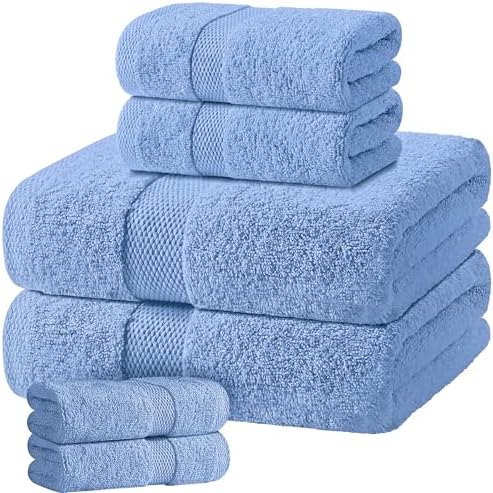 White Classic Light Blue Bath Towel Set of 6-100% Cotton Highly Absorbent Towels by WhiteClassic