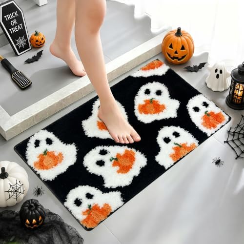 MEHOFOND Halloween Black Ghost Pumpkin Non-Slip Bathroom Rug, 17x24 Inch - Image 3