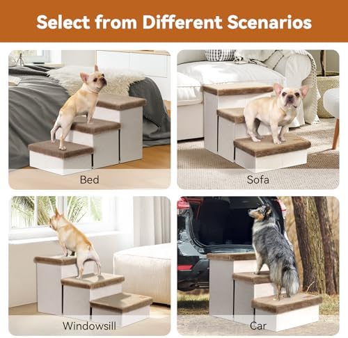 Zerbuger Dog Stairs with Storage Khaki Furry Lids 3 Steps Dog Ramp no Condo - Image 3
