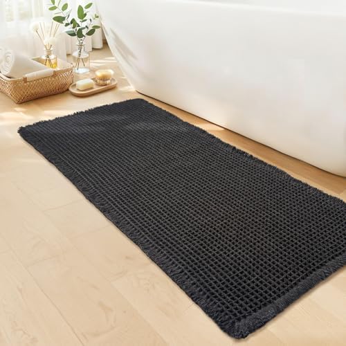 Black Bathroom Rug, Waffle Bath Mat Non Slip Washable by GRLYUH