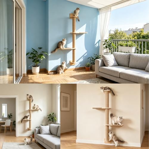 Tall Wall Cat Tree 47"‌, Wood Cat Wall Shelves Wall-Mounted Scratching Post - Image 5