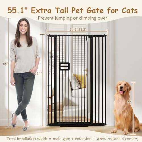 55'' Extra Tall Cat Gate, 34.2"-38.2" Wide Auto Close Tall Pet Gate - Image 2