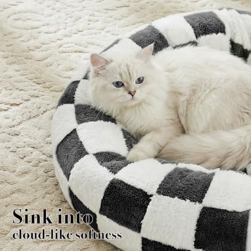 Ohocut Checkered Cat Dog Bed, Cute Black White Retro Style Aesthetic Round - Image 2