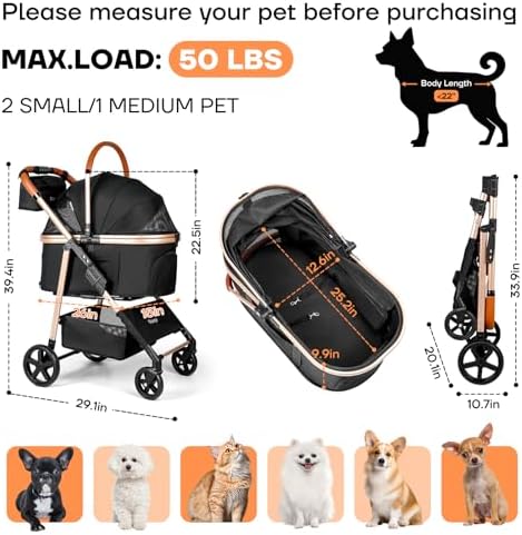 Dog Cat Stroller for Small/Medium Pets, 50 lbs, 3-in-1 Pet Stroller - Image 4