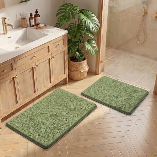 Bcoimo Bath Rugs Mat Set, 2 Piece Non Slip Chenille Sage Bathroom Mat Sets - Image 5