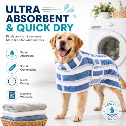 Quick-Dry Dog Bathrobe, Absorbent Striped Pet Towel Coat，Red：XS - Image 3