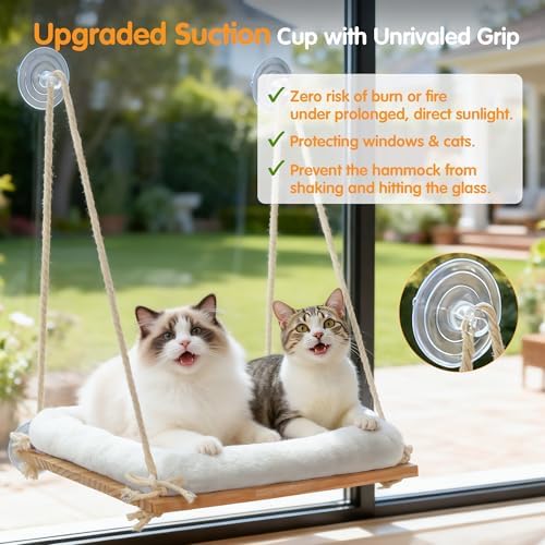 Cat Window Perch Hammock with Solid Wood Seat & Plush Cushion - Image 3