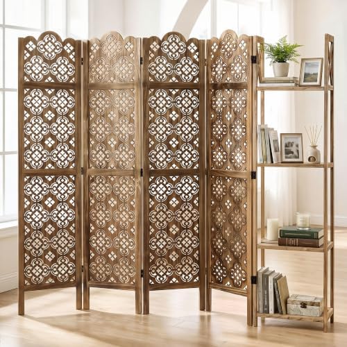 Svimi Wood Room Divider with 4-Tier Shelves, 4 Panel Privacy Screen by Svimi