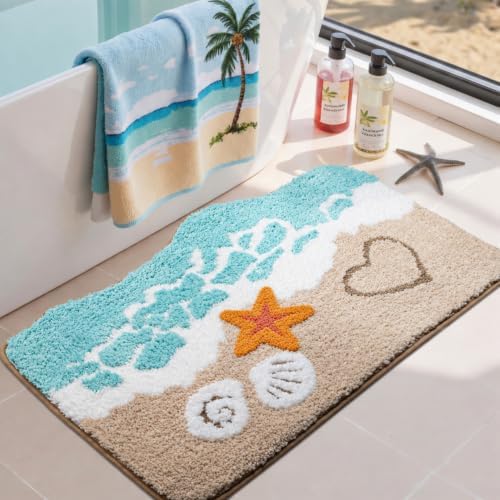 Blue Beach Bathroom Rugs Ultra Soft Microfiber Washable Absorbent by Cevolyn
