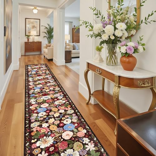 Black Brown Floral Hallway Runner Rug 2.6x14 - Image 6