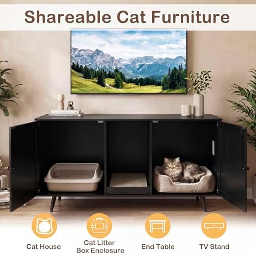 Tangkula Double Cat Litter Box Enclosure, Large Hidden Wooden Cat Cabinet - Image 5