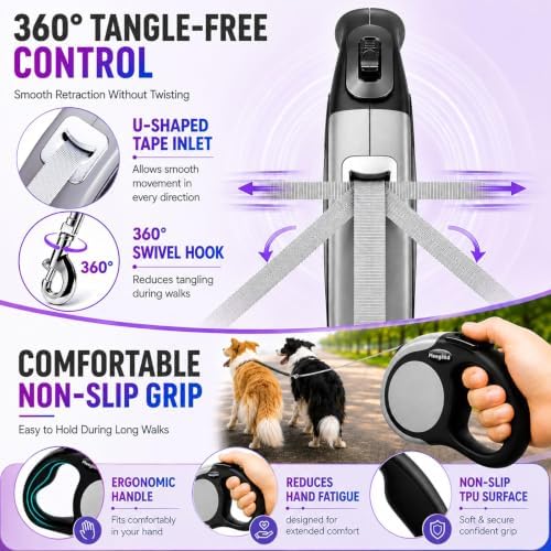 Double Retractable Dog Leash for Two Dogs, Combined Weight Up to 110 lbs – 18.6 - Image 4
