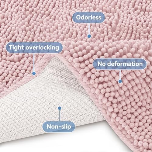 Bcoimo Small Bath Rug Mat, 24x17 Chenille Non Slip Pink Bathroom Shower Mat - Image 4