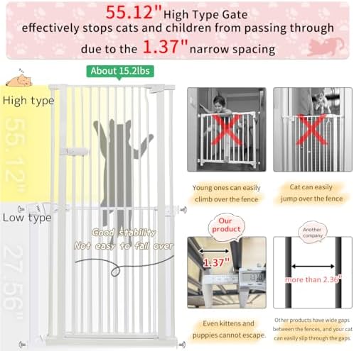 Lumizone Extra Tall Cat Gate 55.12" High 29.92"-42.51" Wide Pet Gate White - Image 4