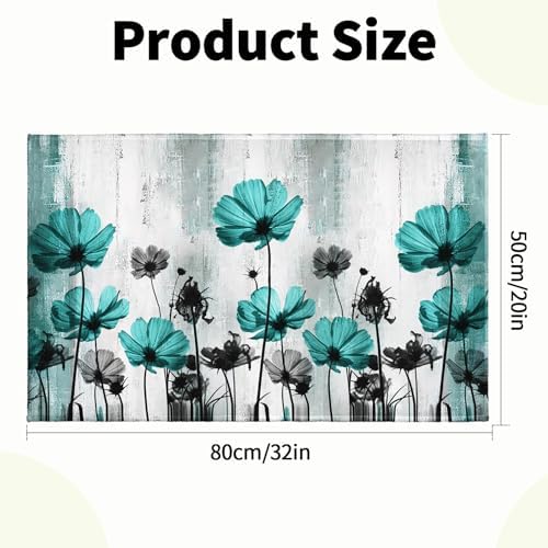 Teal Floral Bath Rug Turquoise Flower Bath Carpet Soft Plush Absorbent Doormat - Image 3