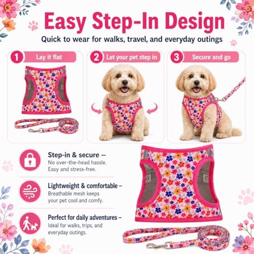 Step in Dog Harness Leash Set- All Weather Reflective No-Pull Floral Pattern - Image 3