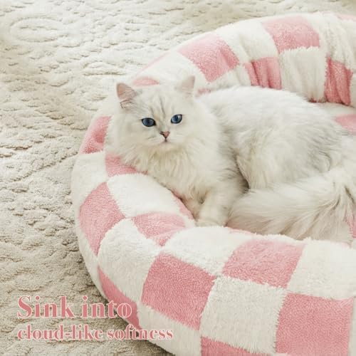 Ohocut Checkered Cat Dog Bed, Cute Girly Pink Retro Style Aesthetic Round - Image 2