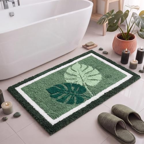 Boao Monstera Leaf Tufted Bath Mat Tropical Bathroom Rug Non-Slip 24x16 by Boao