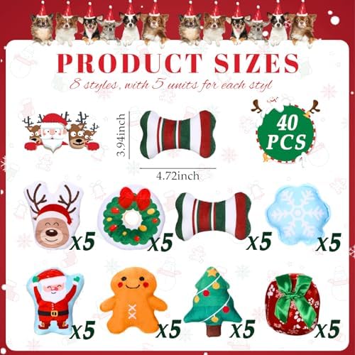Soulchen 40 Pcs Christmas Dog Squeaky Toys, 8 Styles Plush Toys Bulk - Image 2