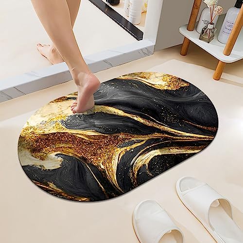 Black Grey Gold Marble Texture Super Absorbent Quick-Drying Bathroom Mat Rug by ZHUZHISHAN