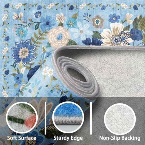 Blue Floral Area Rug 8x10 for Living Room Bedroom - Image 3