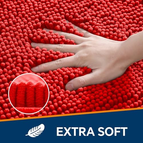 Chenille Bathroom Rug 26"x44" Red, Non-Slip Plush Bath Mat - Image 3