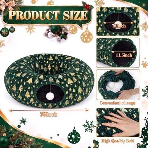 Christmas Tree Cat Tunnel 36 in Donut Bed, Green, Polyester, Gold Foiling - Image 3