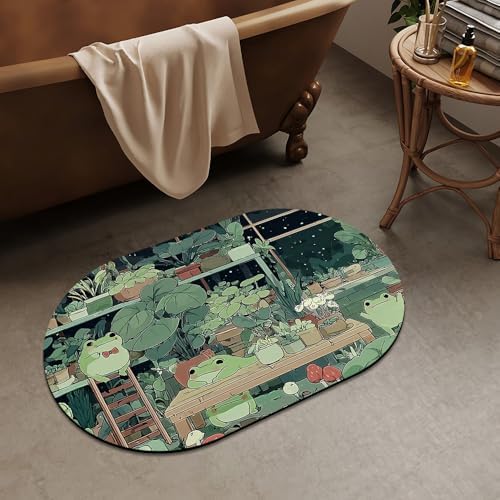 Green Frogs and Flowers Super Absorbent Quick-Drying Bathroom Mat Rug, Rubber - Image 2