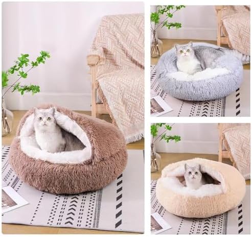 Round Fluffy Hooded Cat Bed Cave, Anti-Anxiety Cave Bed - Image 4