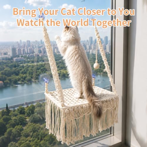 Boho Macrame Cat Window Perch, Cat Window Hammock, 17.7”-11.8”-Metal Frame Beds - Image 3